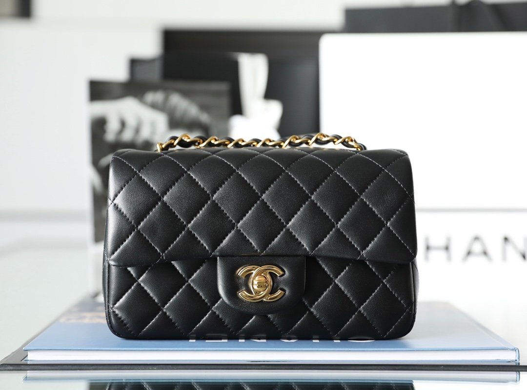 CHANEL Large Mini Classic Flap Bag – Black Lambskin Leather with 24K Shiny Gold Hardware detail image 1 sourced from womanlvbag.com