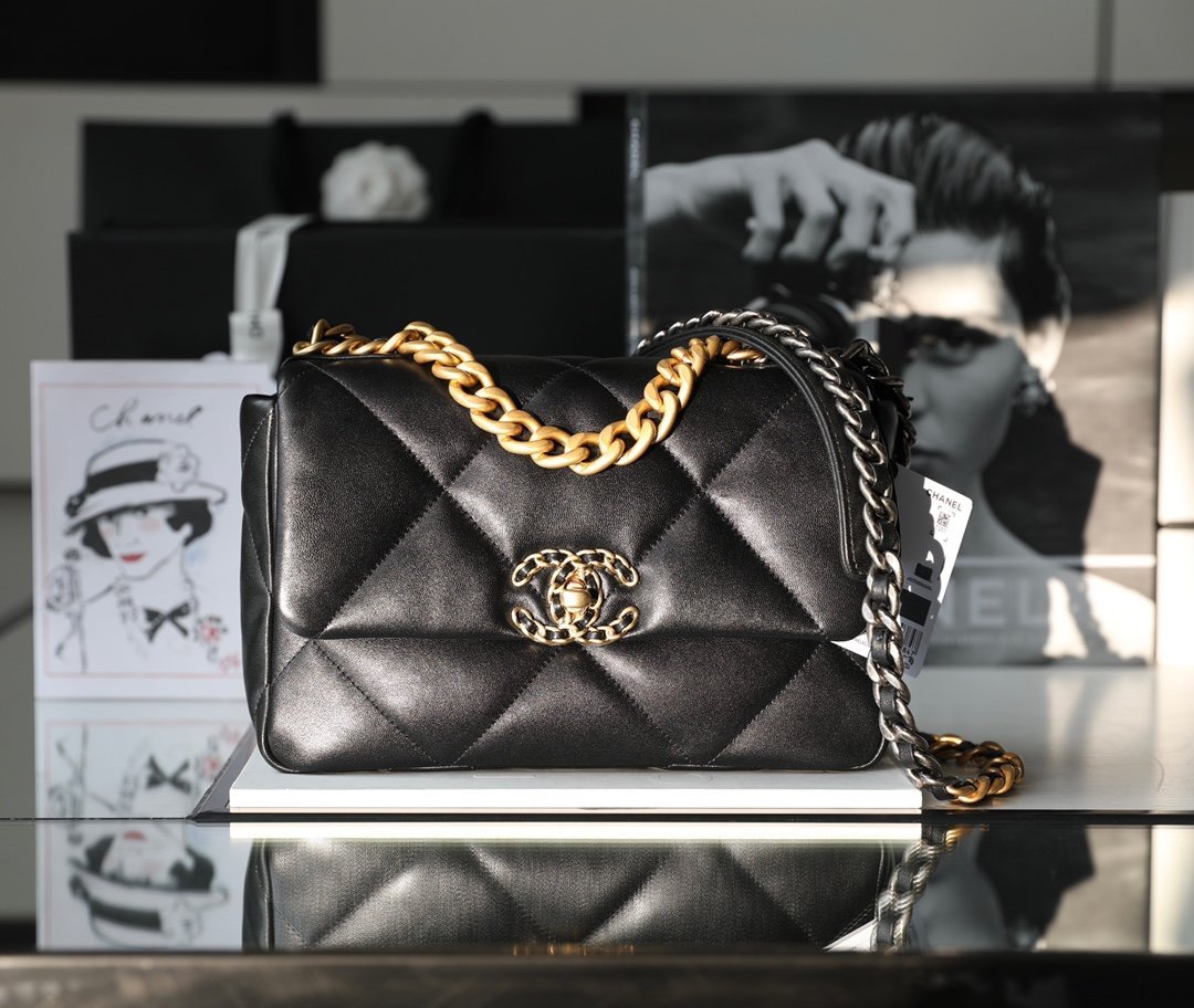 CHANEL Small 19 Flap Bag – Black Lambskin with Tri-Tone Hardware & Vintage Gold Accents detail image 1 sourced from womanlvbag.com