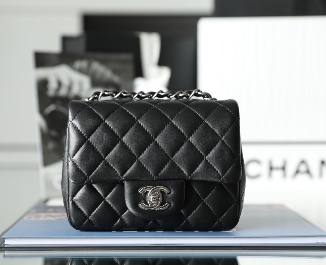 CHANEL Mini Square Classic Flap Bag – Black Lambskin Leather with Silver-Tone Hardware detail image 1 sourced from womanlvbag.com