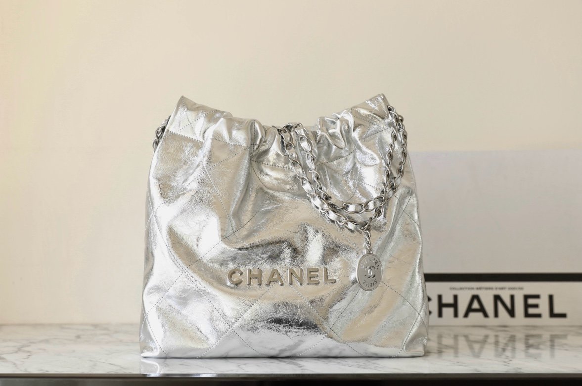 CHANEL Small 22 Bag – Metallic Silver Calfskin Leather with Antique Silver Hardware detail image 1 sourced from womanlvbag.com