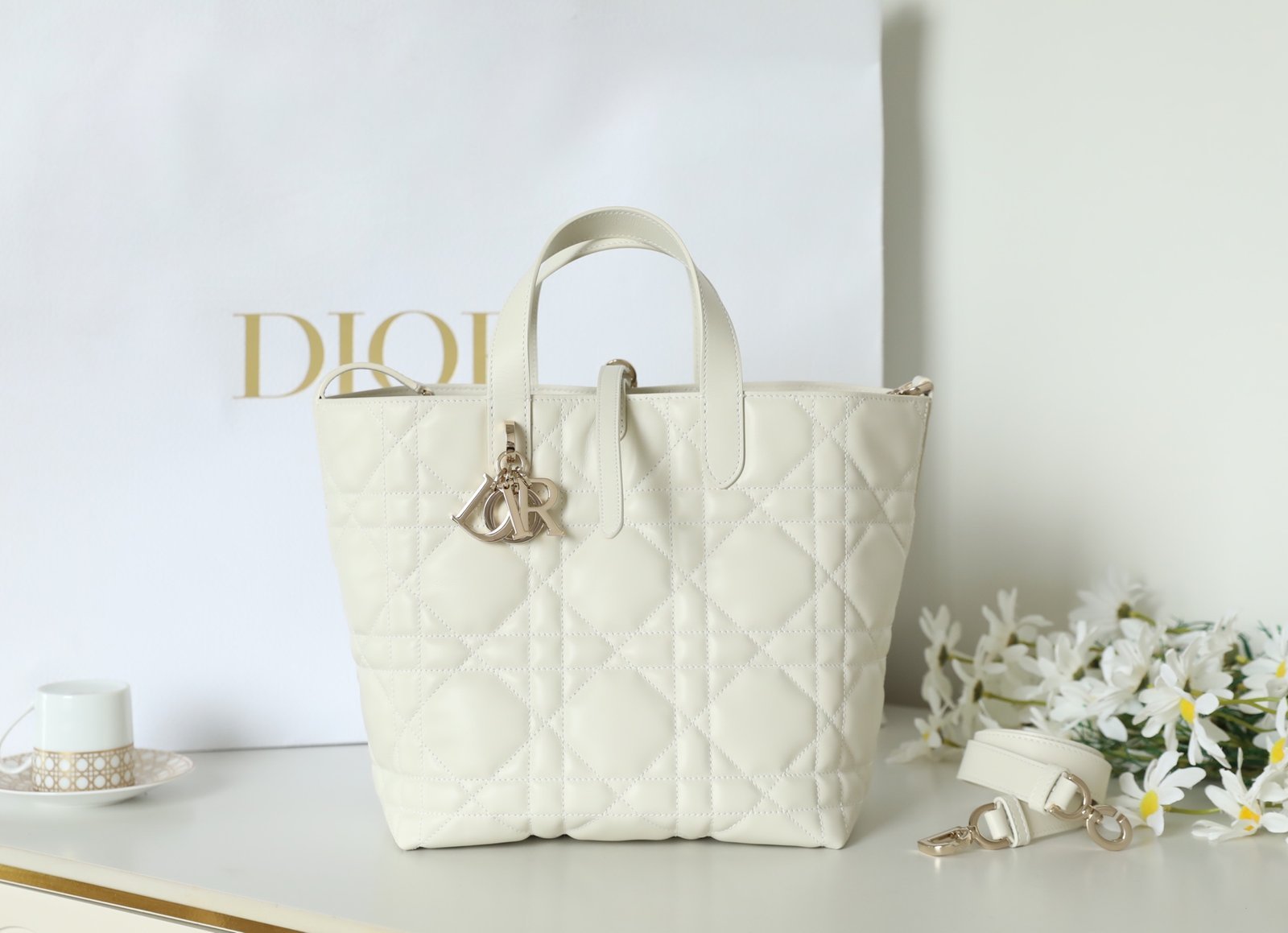DIOR TOUJOURS Vertical Medium Bag (White/Latte Calfskin) detail image 1 sourced from womanlvbag.com