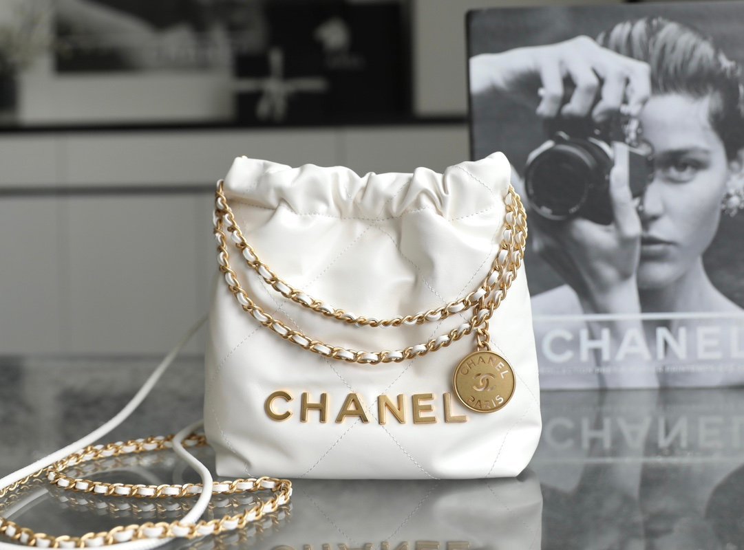 CHANEL Mini 22 Bag – White Calfskin Leather with 24K Vintage Gold Hardware detail image 1 sourced from womanlvbag.com