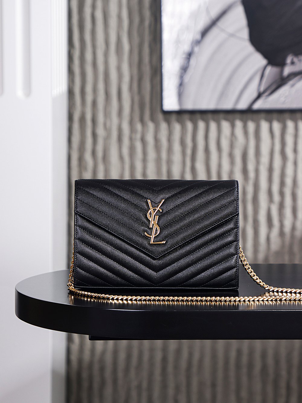 SAINT LAURENT (YSL) CASSANDRE ENVELOPE Chain Wallet (Black & Gold) detail image 1 sourced from womanlvbag.com