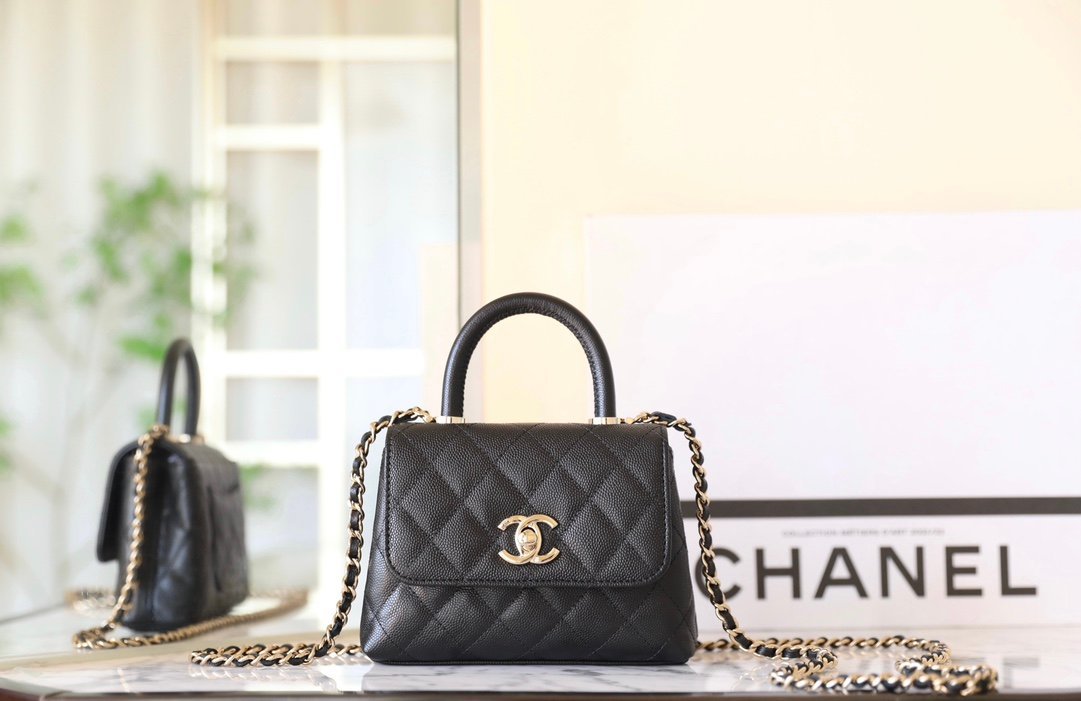 CHANEL Mini Coco Handle Bag – Black Caviar Leather with 14K Light Gold Hardware detail image 1 sourced from womanlvbag.com