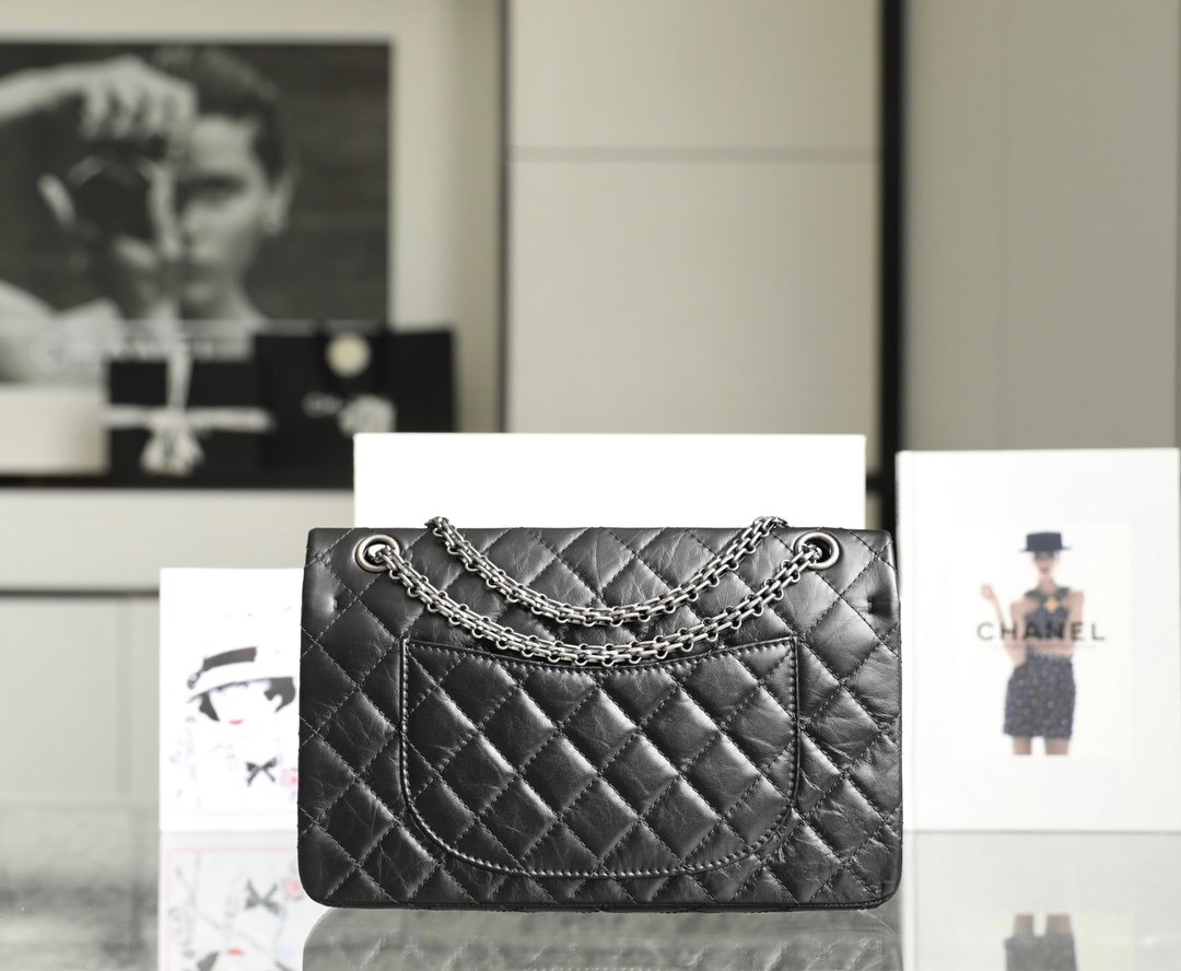 Chanel Large 2.55 Reissue Flap Bag black aged calfskin vintage silver hardware view 2