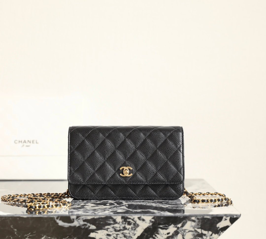 CHANEL Classic Wallet On Chain (WOC) – Black Caviar Leather with 24K Polished Gold Hardware detail image 1 sourced from womanlvbag.com