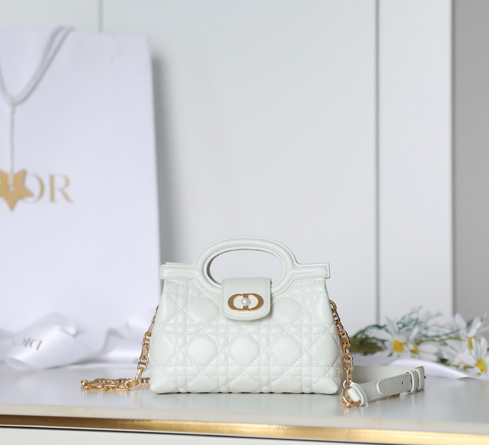 DIOR JOLIE Top Handle Mini Bag (White & Pearl) detail image 1 sourced from womanlvbag.com