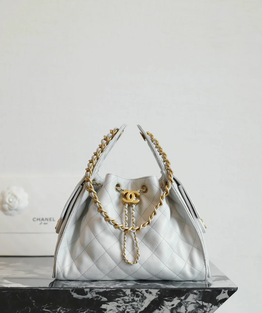 Chanel 25 Small Hobo Bag light gray caviar everyday use view 1