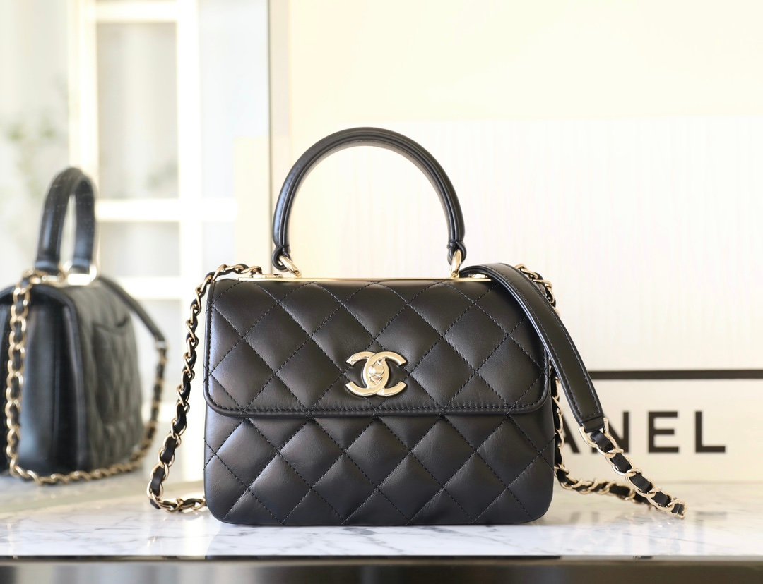CHANEL Small Trendy CC Flap Bag with Top Handle – Black Lambskin & 14K Light Gold Hardware detail image 1 sourced from womanlvbag.com