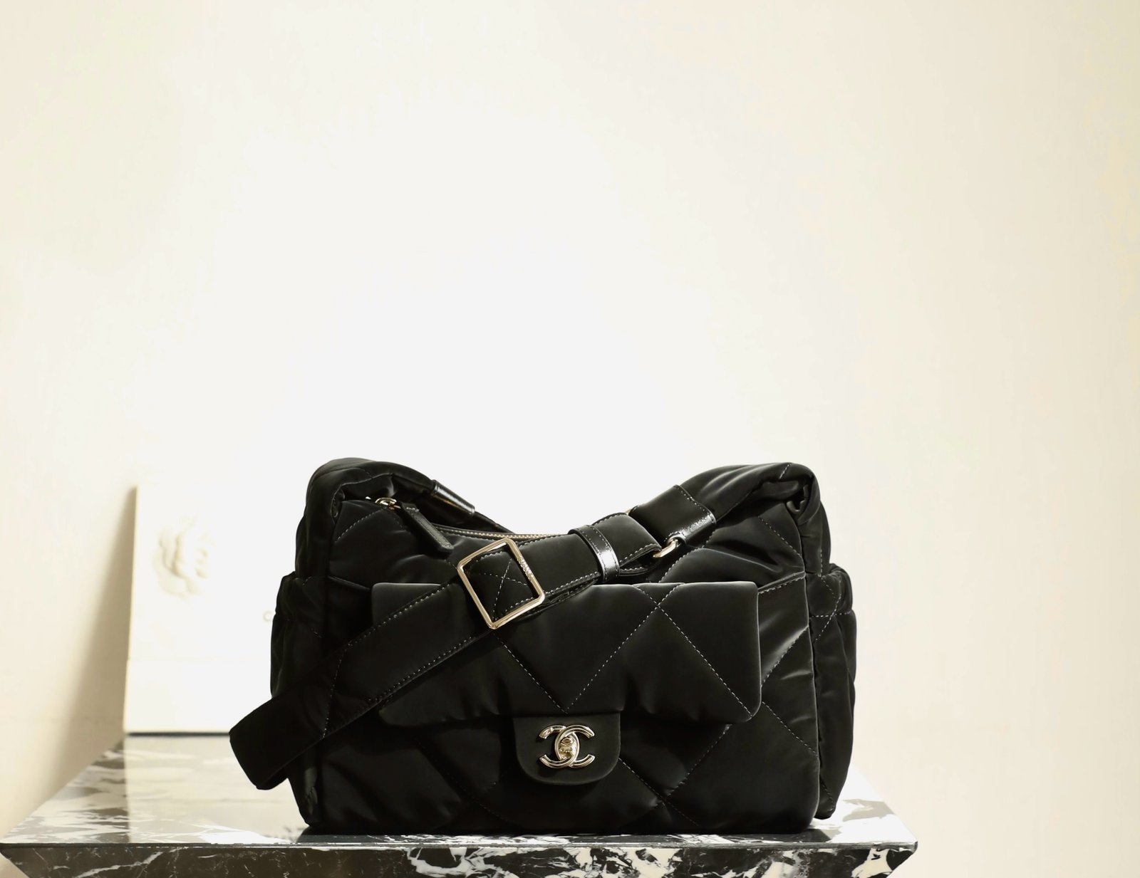 CHANEL Small Bowling Bag – Black Velvet-Touch Nylon & 14K Light Gold detail image 1 sourced from womanlvbag.com