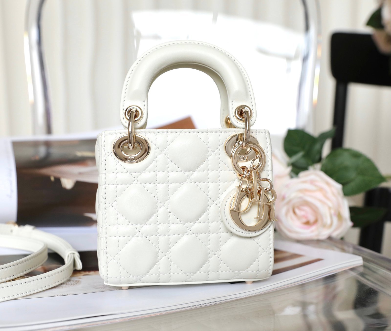 Lady Dior Micro Bag (White Lambskin) detail image 1 sourced from womanlvbag.com