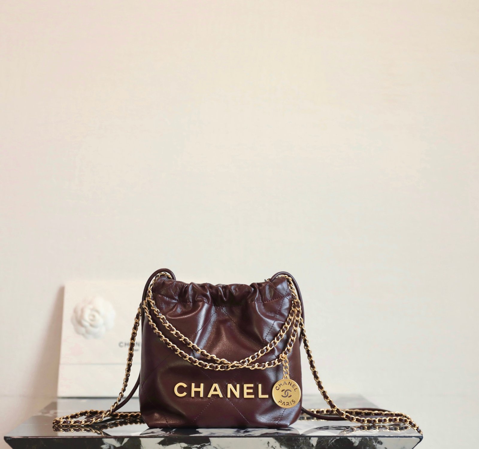 CHANEL Mini 22 Bag – Chocolate Brown Calfskin Leather with 24K Vintage Gold Hardware detail image 1 sourced from womanlvbag.com