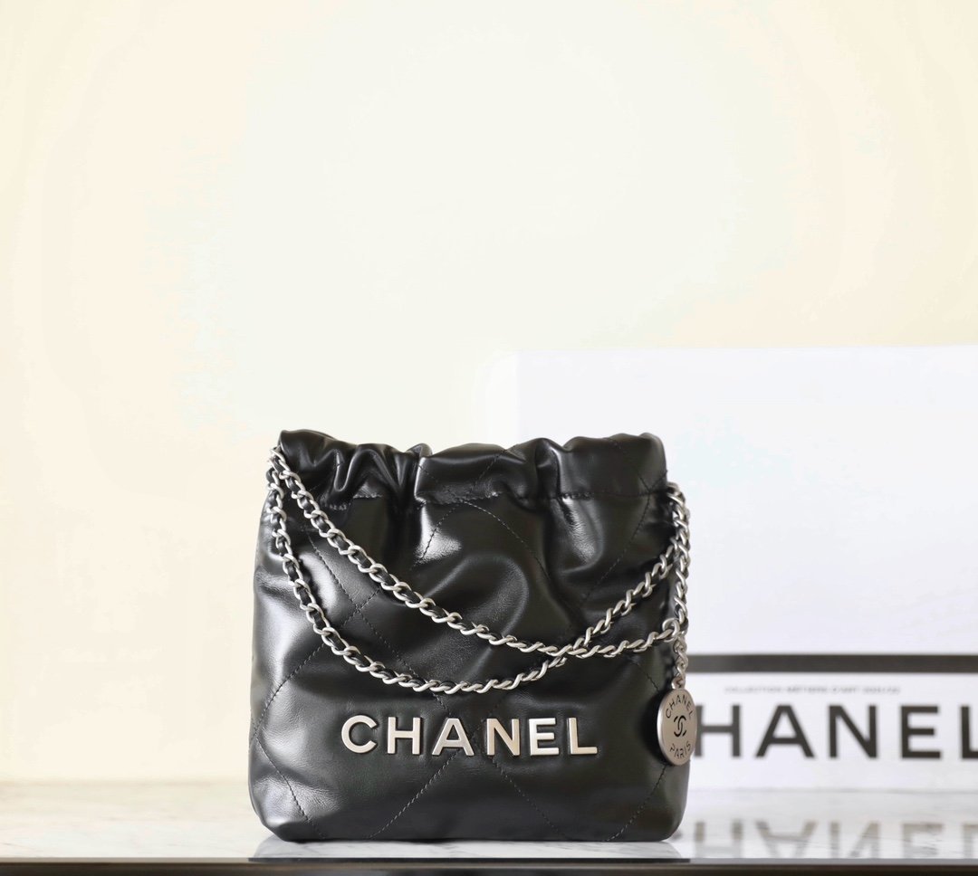 CHANEL Mini 22 Bag – Black Calfskin Leather with Antique Silver-Tone Hardware detail image 1 sourced from womanlvbag.com
