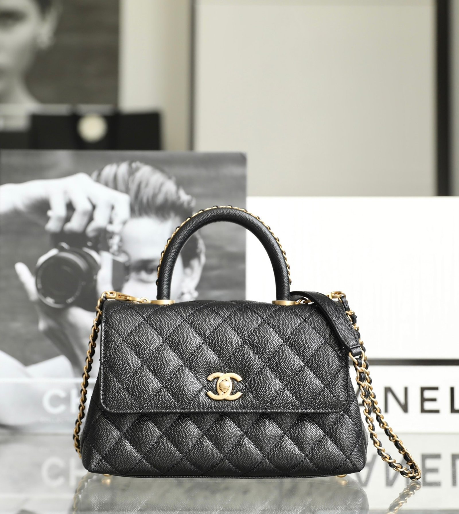 CHANEL Small Coco Handle Bag – Black Caviar Leather with Chain-Intertwined Leather Handle & 24K Vintage Gold Hardware detail image 1 sourced from womanlvbag.com